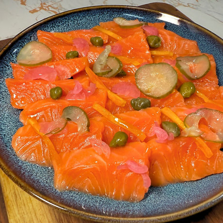 Salmon Crudo with Dried Mango and Capers