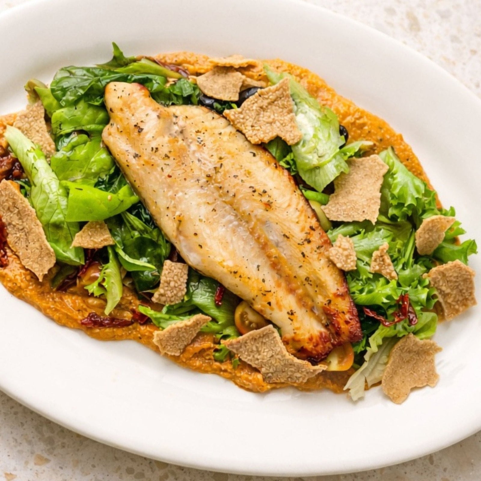 30-Minute Parsley Fish with Romesco and Salad Greens - Pacific Bay