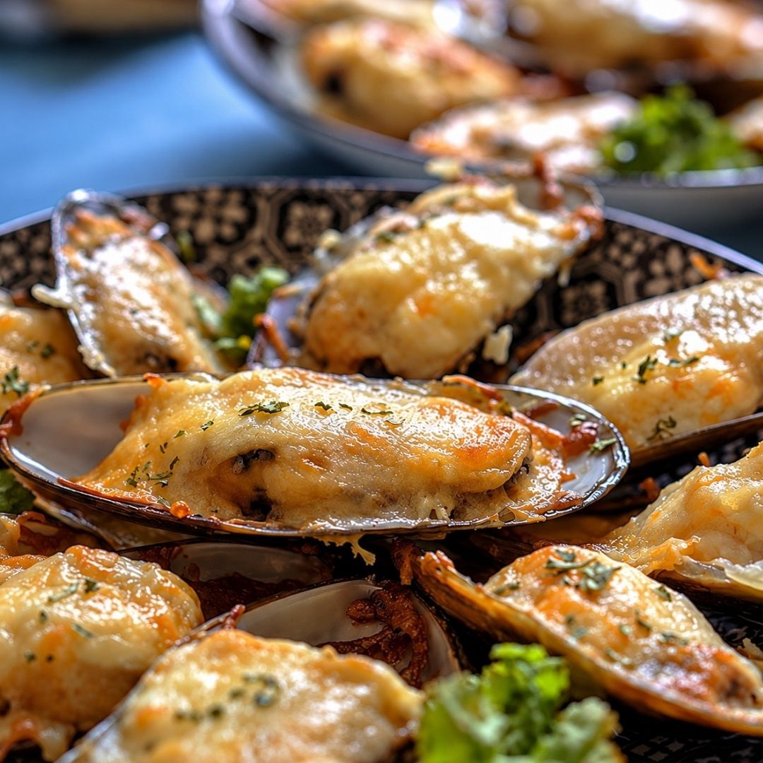 Baked Cheesy Mussels