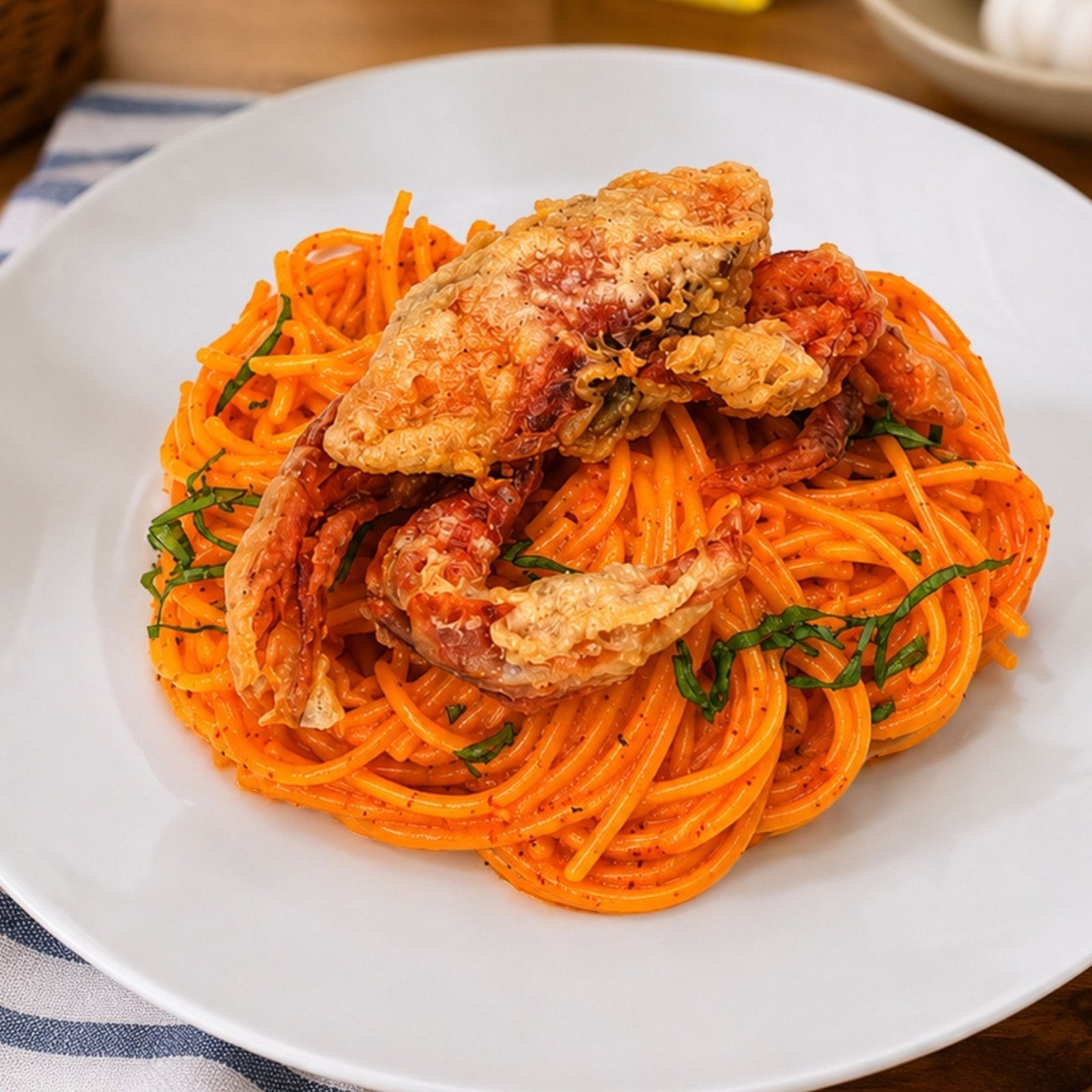 Crispy Soft Shell Crab Pasta with Creamy Crab Fat Sauce - Pacific Bay